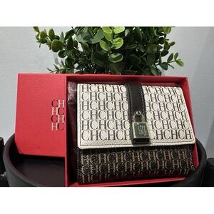 Carolina Herrera Cream and Brown Monogram Wallet with Gold Accent